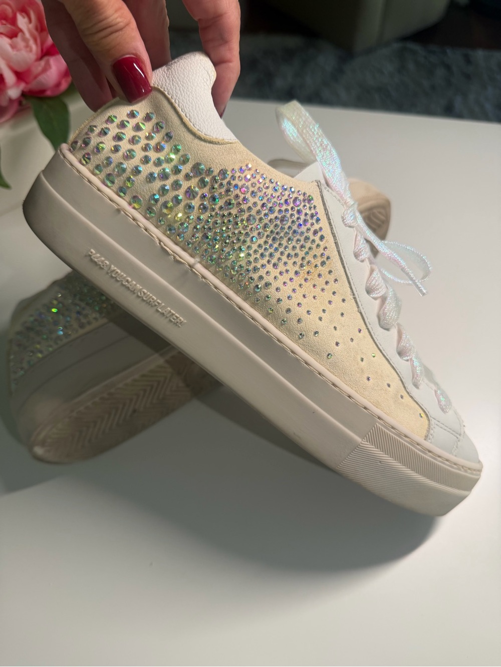 P448 Women's White & Cream Crystal-Accented Sneakers